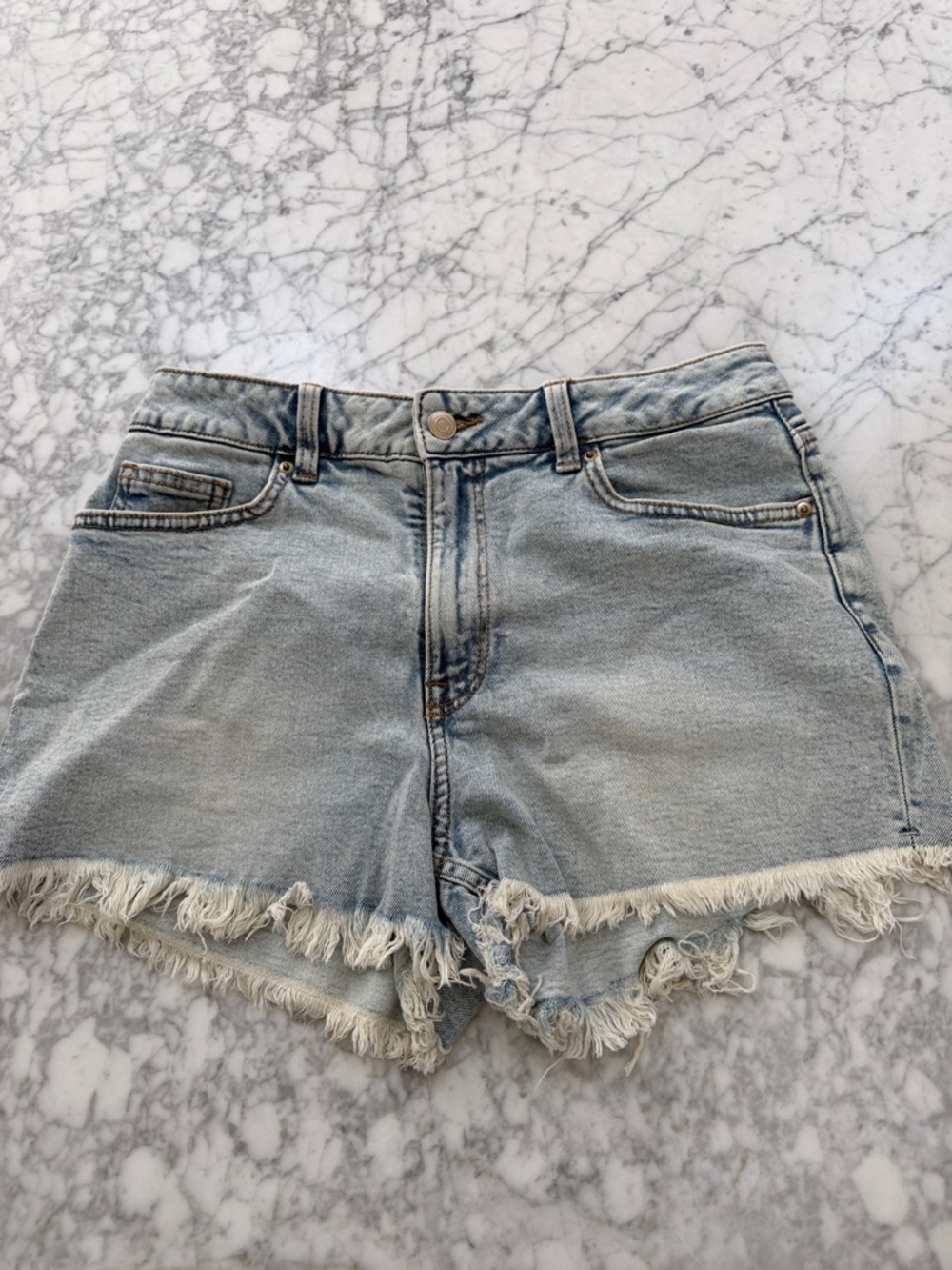 Light Blue Frayed Hem Denim Shorts - Unbranded